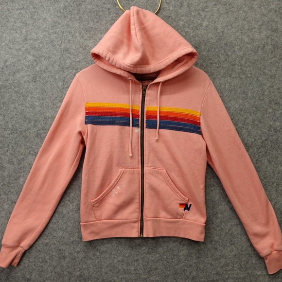 Aviator Nation Tops - Aviator Nation Hoodie Womens XS Pink Crop 5 Stripe Rainbow Logo Fleece USA Made